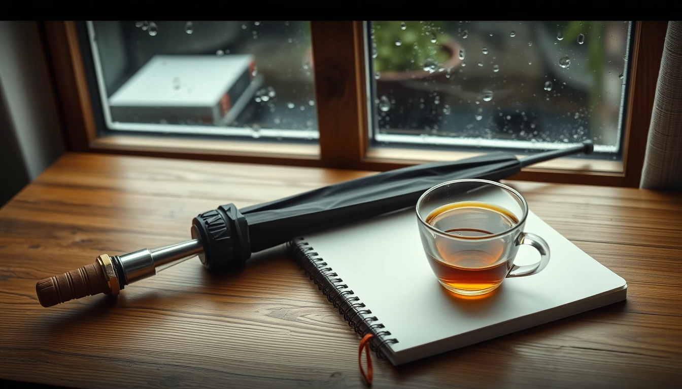 Photo of a folded umbrella, a spiral notebook and a glass cup of tea on a wooden desk by a rain-speckled window, illustrating accruals and prepayments