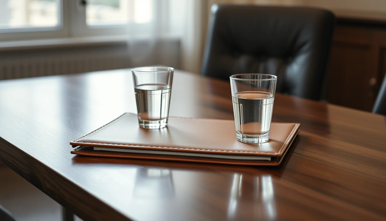 Photo of a polished meeting table with two glasses of water on a leather folder and an empty leather chair behind, illustrating adding or removing a company director