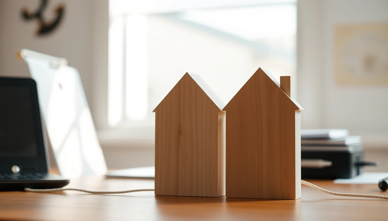 Photo of two wooden house-shaped blocks standing side by side on an office desk, illustrating associated companies and Corporation Tax