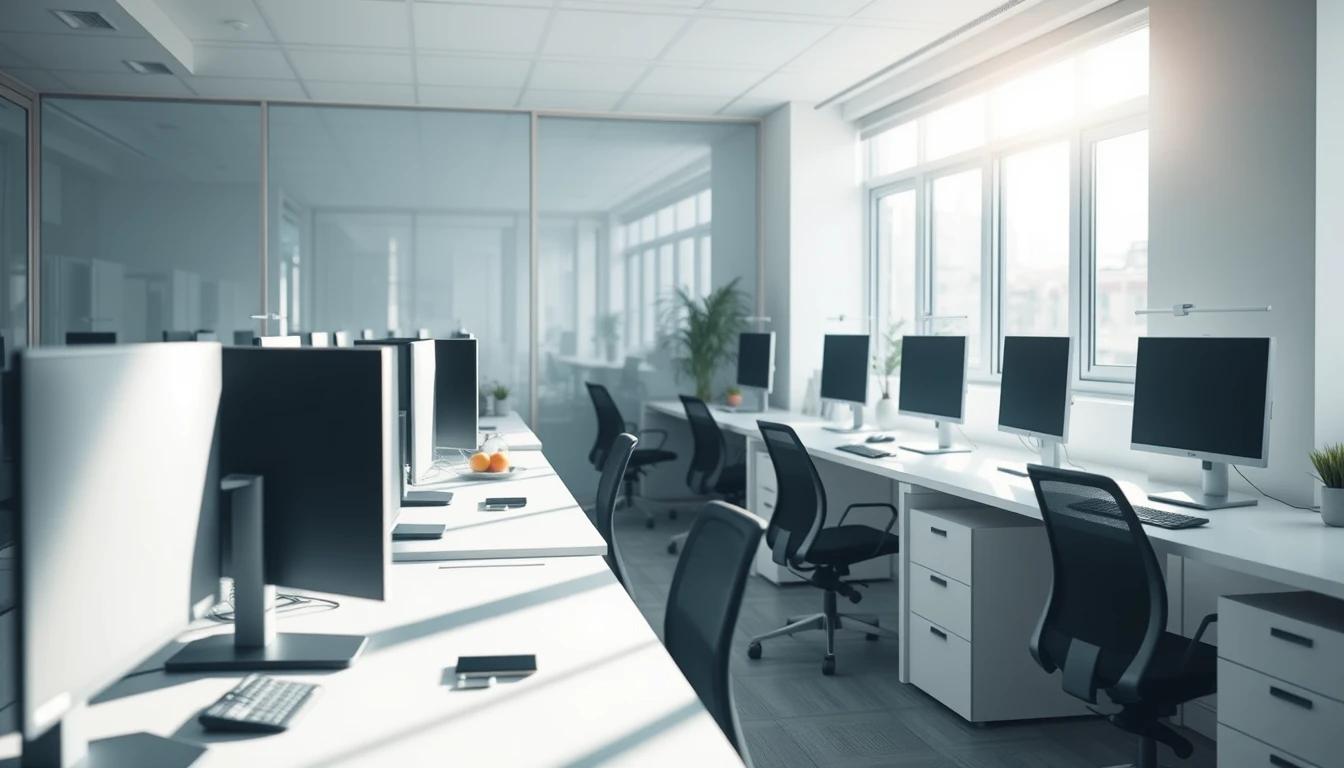Photo of a bright small office with empty desks and monitors in morning light