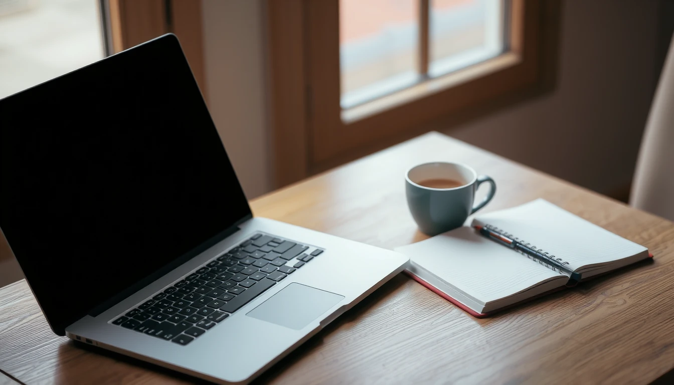 Photo of a laptop, an open notebook with a pen and a cup of tea on a wooden desk by a window