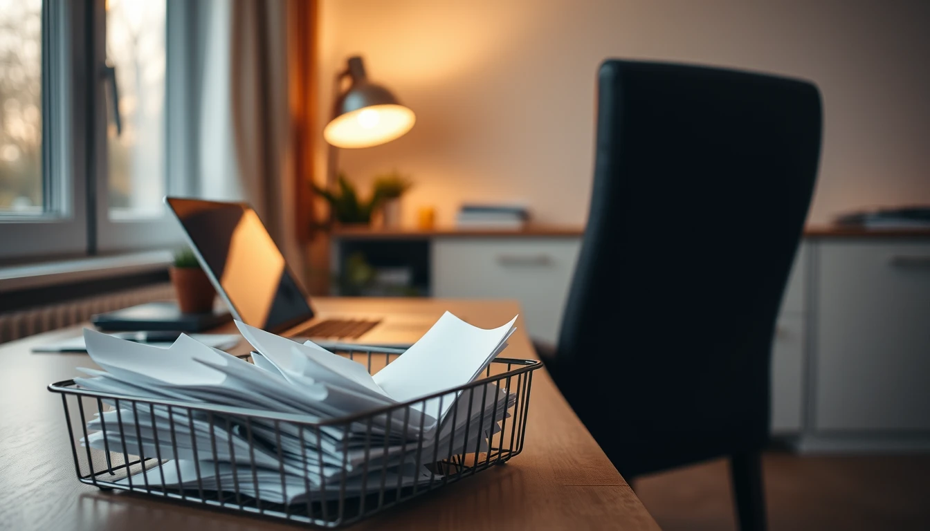 Photo of an empty home study at dusk with an overflowing wire tray of blank paper, a closed laptop and a desk lamp