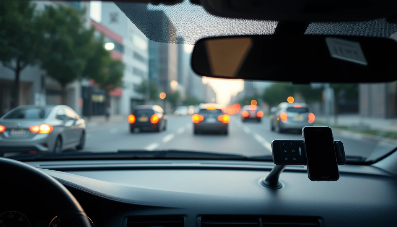 Photo of a car windscreen view of evening city traffic with a phone mount on the dashboard