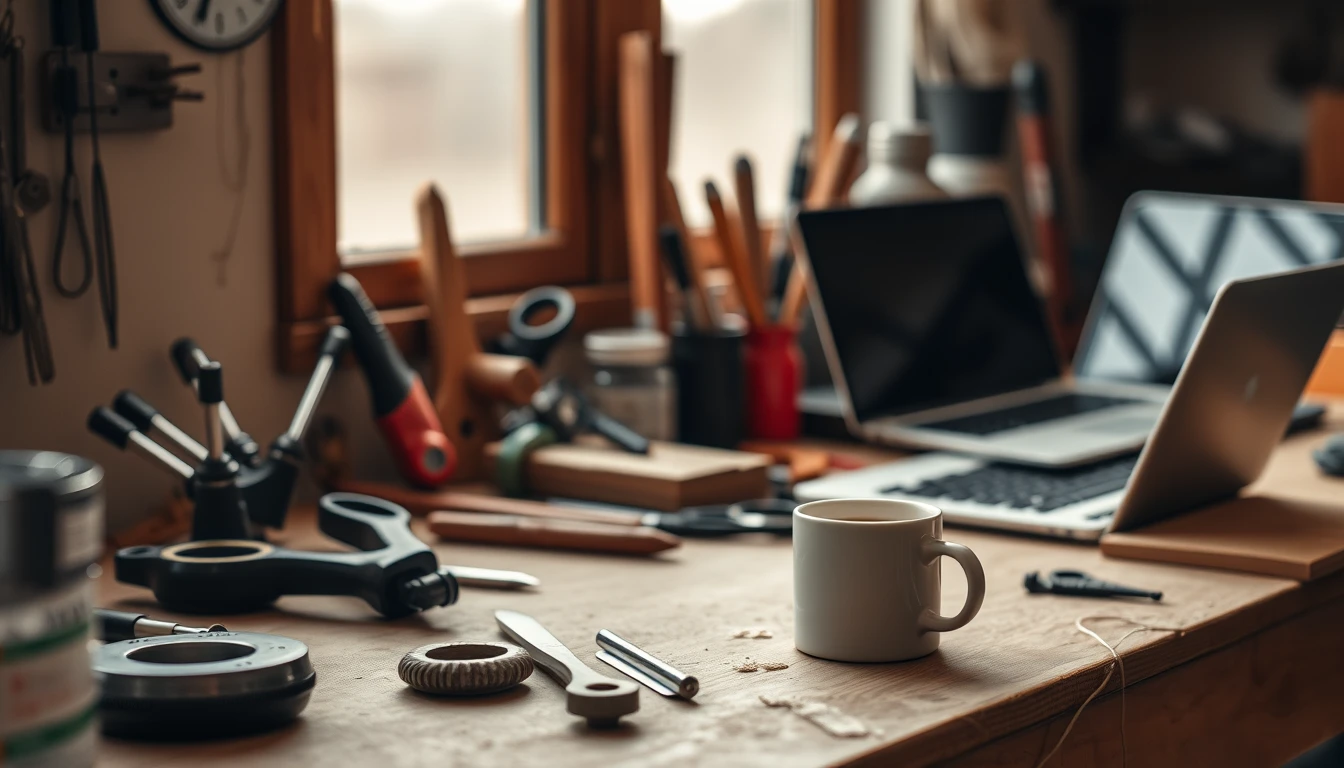 Photo of a small workshop bench with tools, a coffee mug and a laptop in warm window light
