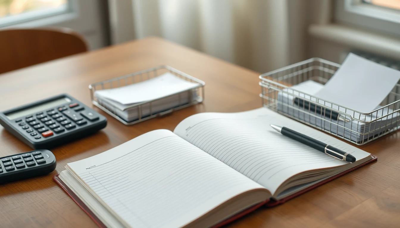 Photo of an open ledger book with blank ruled pages on a desk, beside a wire tray of paper and a calculator