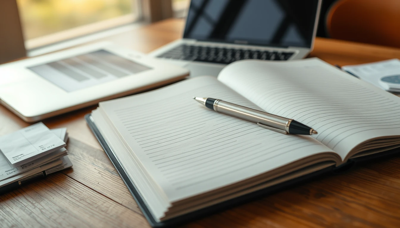 Photo of an open ledger book, pen and receipts on a desk, representing bookkeeping