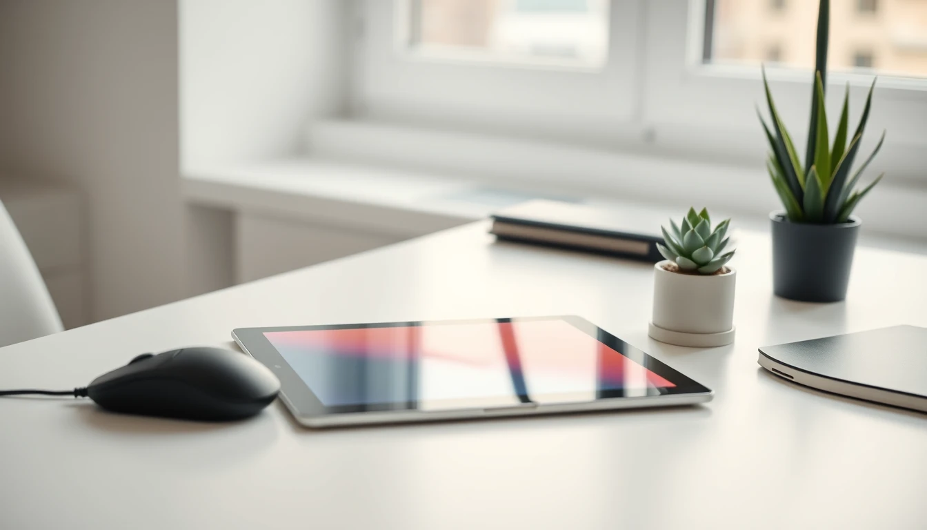 Photo of a tablet, wireless mouse and small succulent on a clean white desk by a window