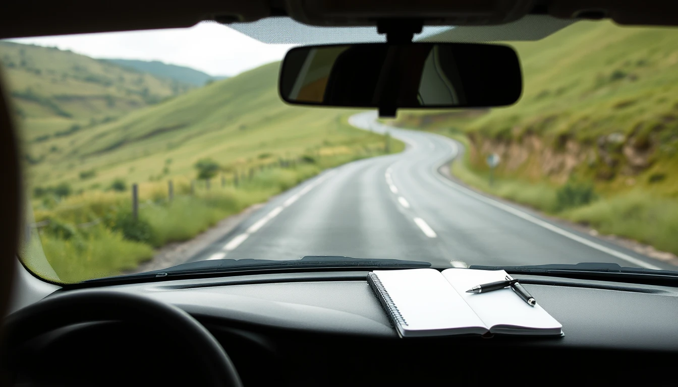 Photo of an open notebook and pen on a car dashboard with an empty country road ahead through the windscreen, illustrating keeping a business mileage log