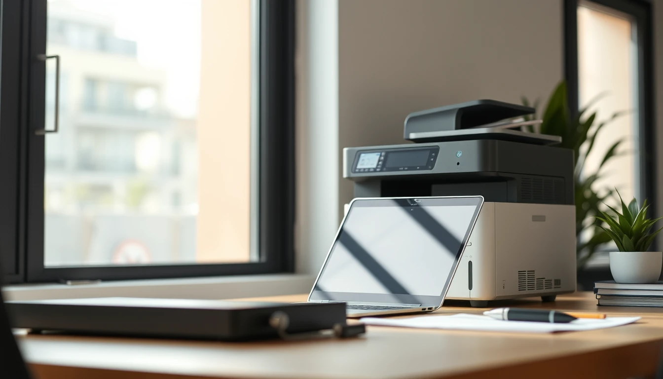 Photo of a laptop and printer on a tidy office desk in soft window light