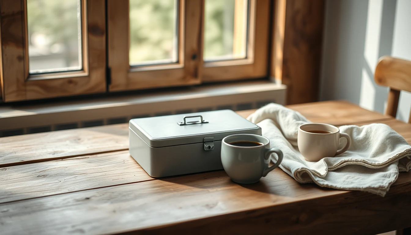 Photo of a grey metal cash box, two cups of coffee and a linen cloth on a rustic wooden table by a window