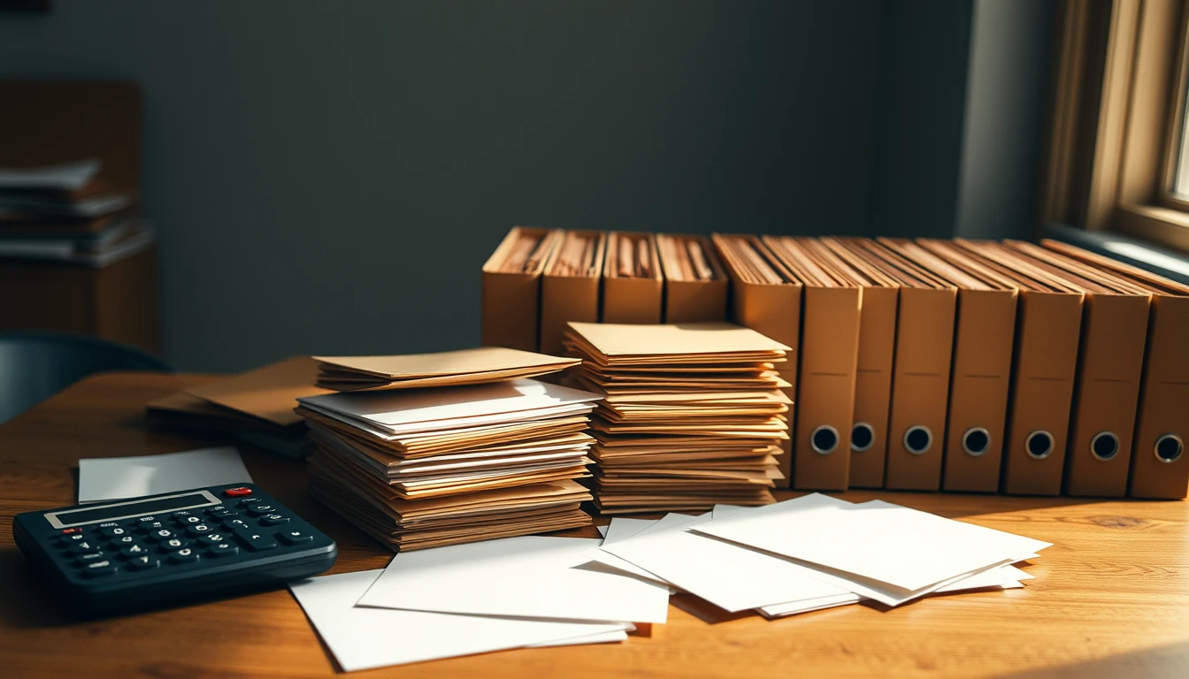 Photo of a wooden table with piles of blank paper slips and brown envelopes beside a row of cardboard box files and a calculator