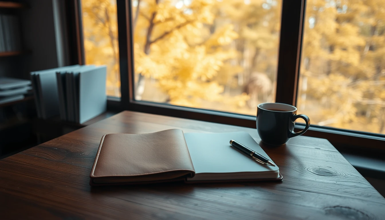 Photo of a dark wooden desk beside a window with yellow autumn trees, holding a leather notebook, a pen and a cup of coffee, illustrating changing a company year end date