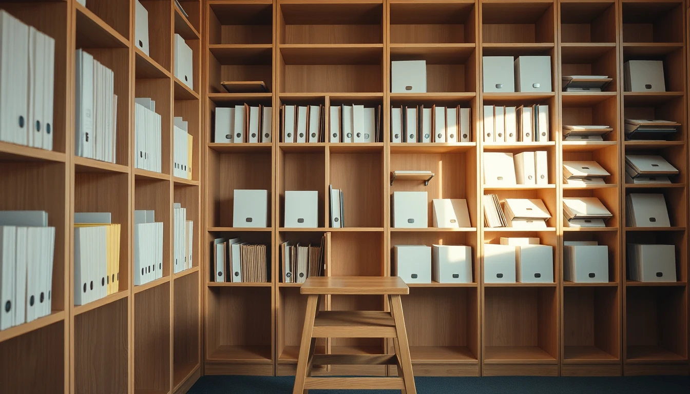 Photo of a wall of wooden shelving holding neatly sorted white files and storage boxes, with a wooden step stool in front