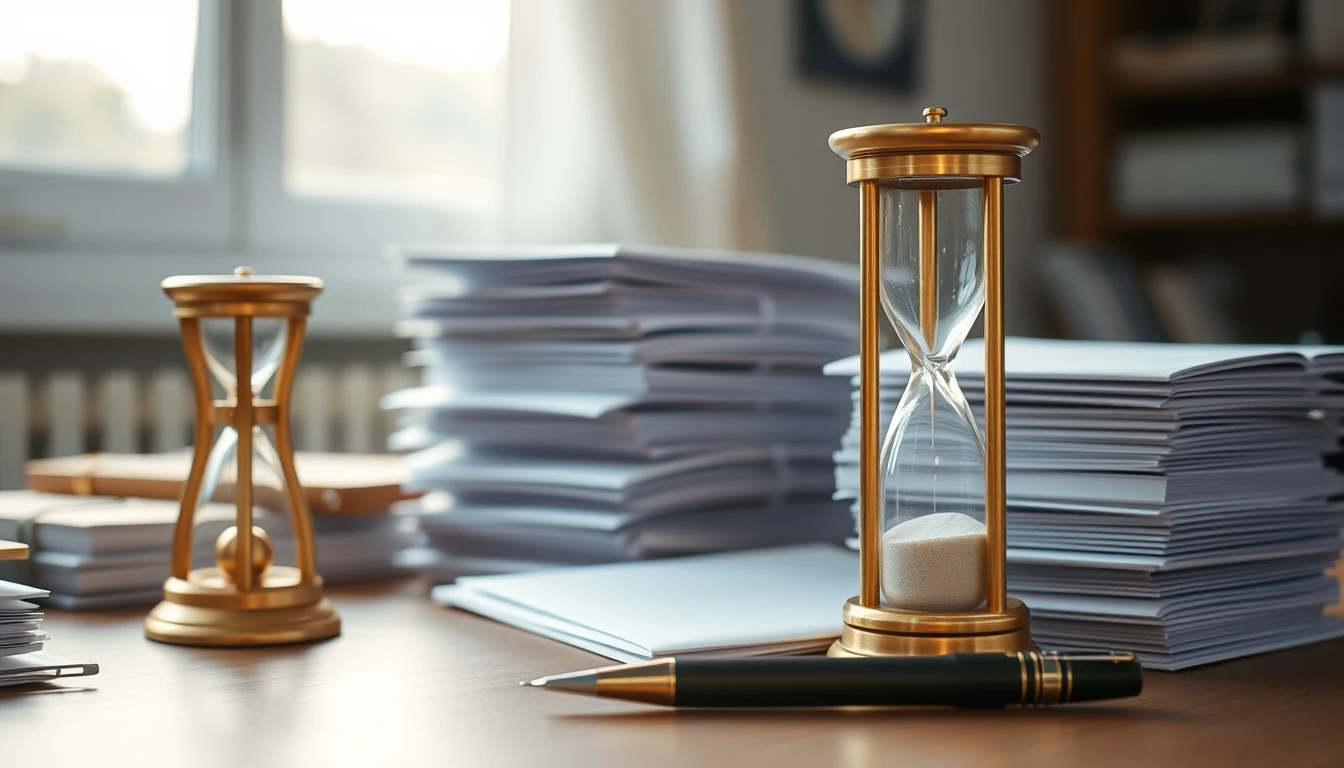 Photo of a desk with stacks of white envelopes, brass hourglasses and a pen, illustrating chasing late payments and statutory interest