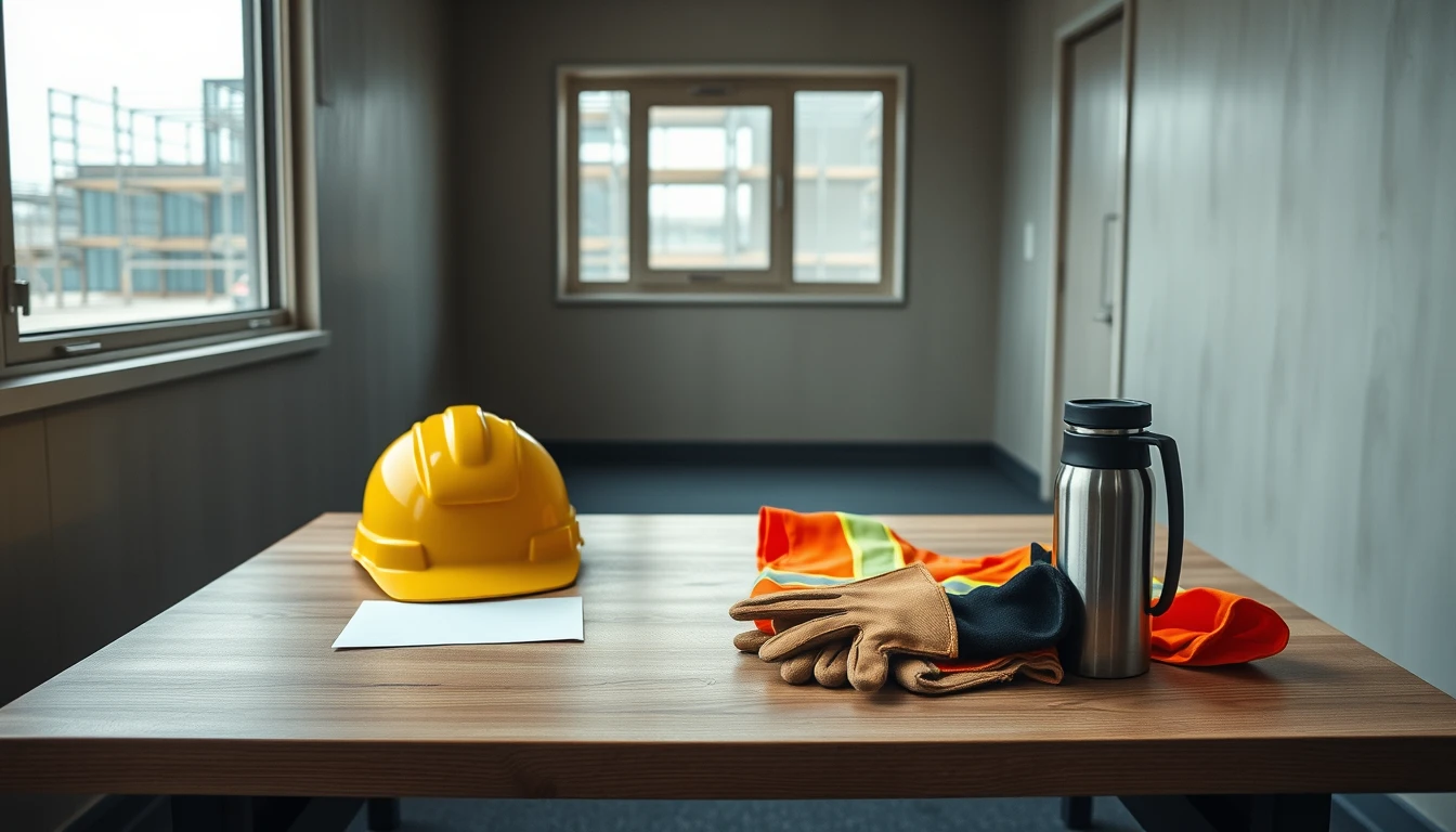 Photo of an empty site cabin office with a yellow hard hat, orange hi-vis vest, work gloves and a flask on a wooden table