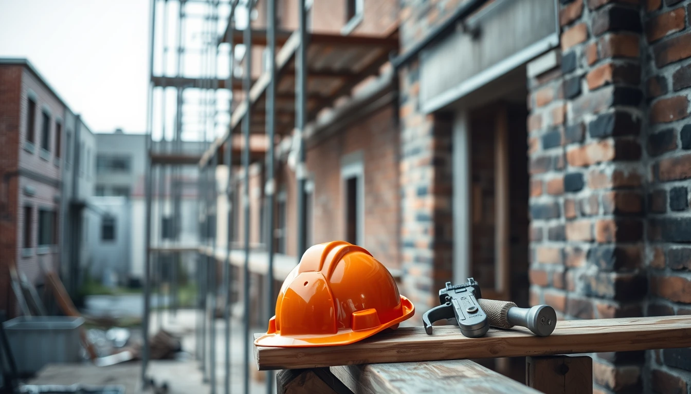 Photo of an orange hard hat and a tool resting on a wooden plank in front of scaffolding and a brick building