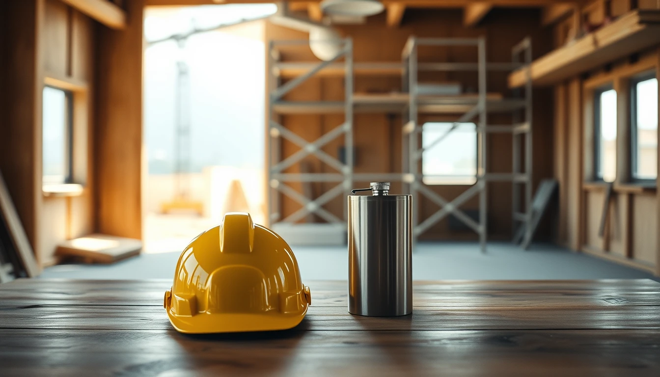 Photo of a yellow hard hat and a steel flask on a wooden table inside an empty building under construction, with scaffolding behind