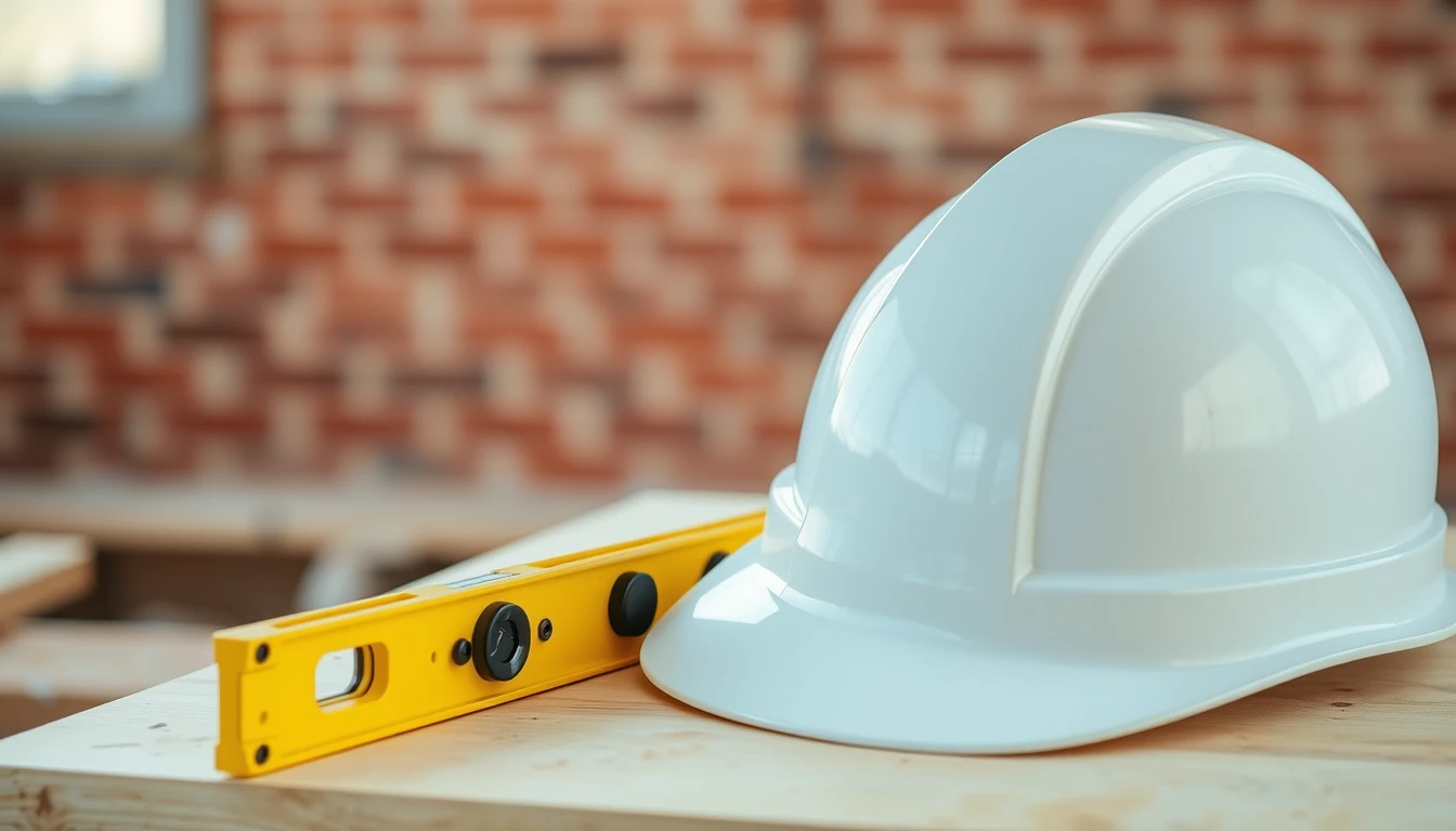 Photo of a white hard hat and a yellow spirit level on plywood in front of a red brick wall