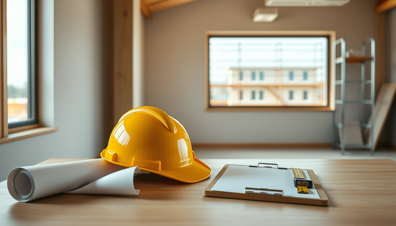 Photo of a site office desk with a yellow hard hat, rolled blank drawings, a clipboard and a tape measure, with scaffolding blurred through the window