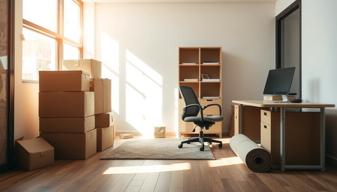 Photo of a sunlit office being cleared, with stacked cardboard boxes, an empty chair, a bare desk and a rolled rug