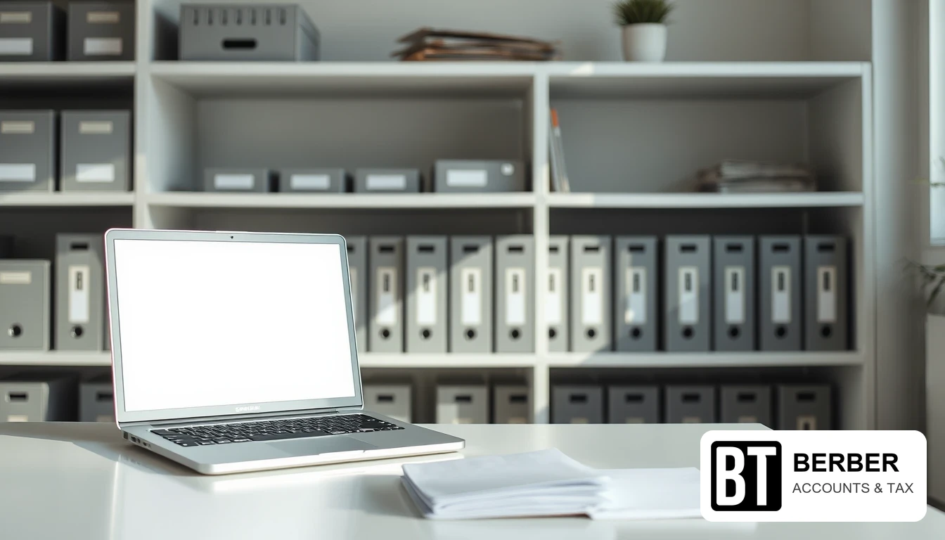 Photo of a bright office with a laptop showing a blank screen, plain paper and rows of grey box files on white shelves, illustrating Companies House accounts changes from April 2028