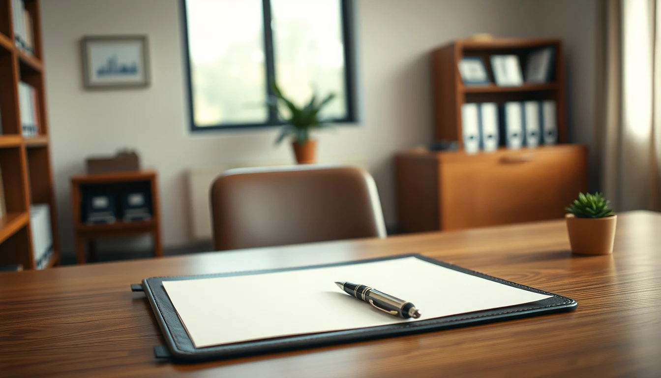 Photo of a tidy wooden desk with a closed leather document folder, a blank sheet of paper and a fountain pen in soft window light