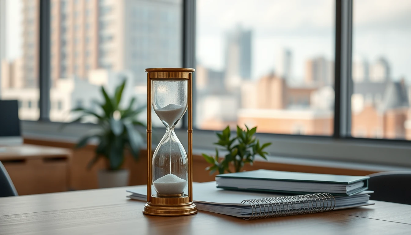 Photo of a brass hourglass on an office desk beside closed notebooks and a plant, with city buildings blurred through the window