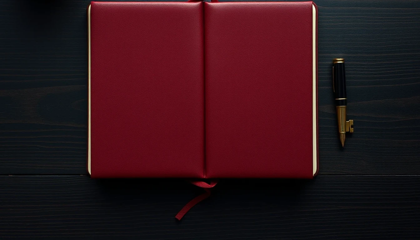 Photo from above of a closed burgundy leather book and a fountain pen on a dark wooden desk, illustrating whether a limited company needs a company secretary