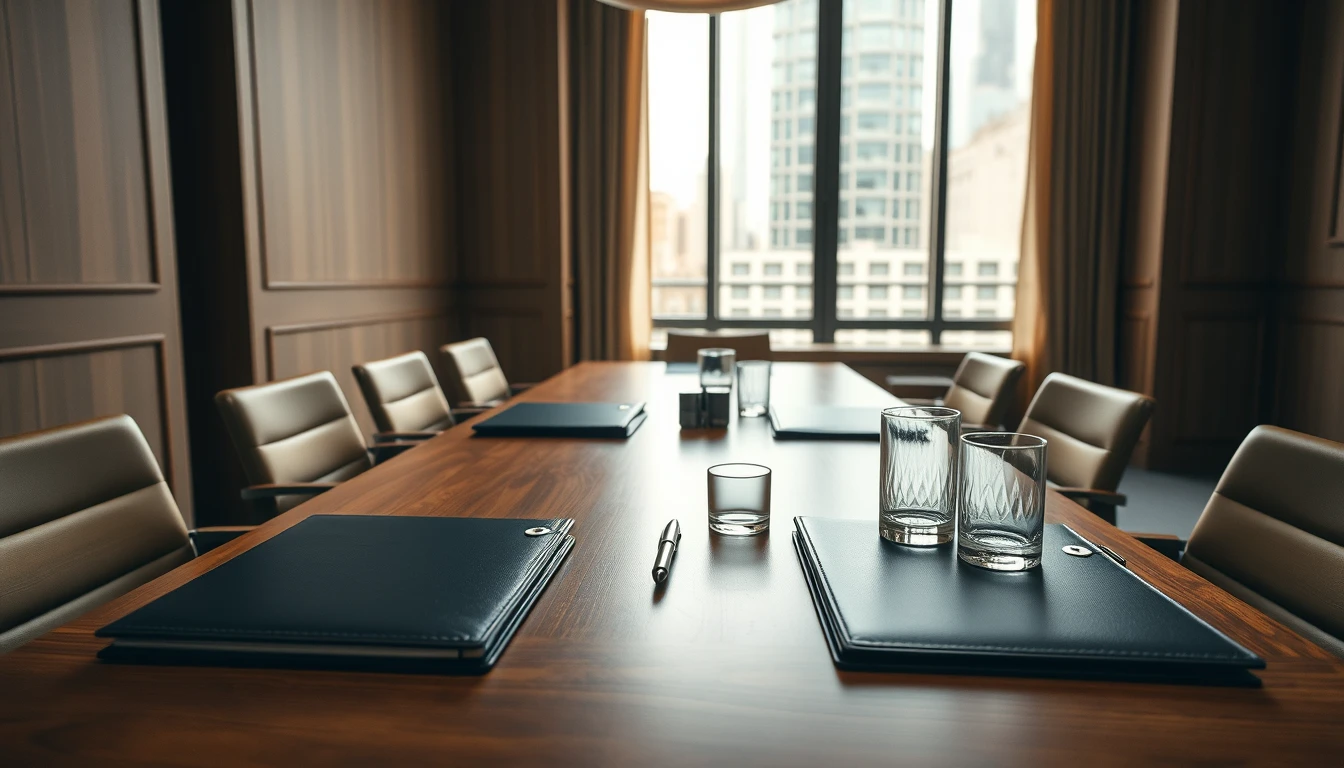 Photo of an empty meeting room with dark leather folders, a pen and water glasses on a long walnut table by a tall window