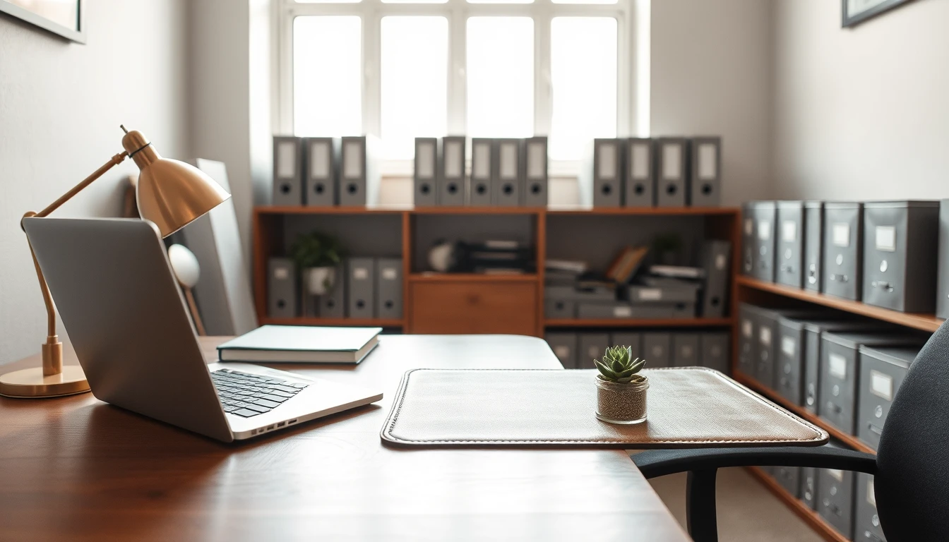Photo of a quiet office with a walnut desk, open laptop, brass desk lamp and shelves of plain grey box files