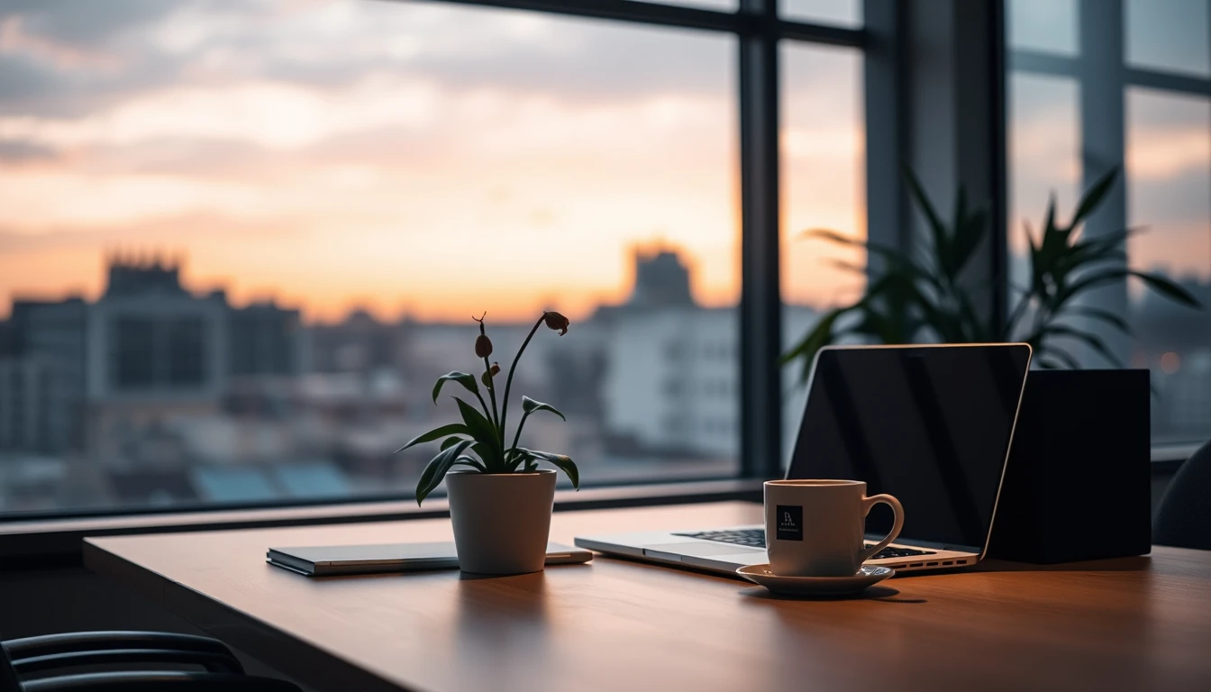 Photo of an empty office desk at dusk with a laptop, coffee cup and a wilting plant beside a window