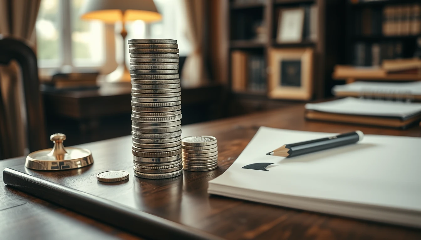 Photo of a dark walnut desk with a stack of coins, small brass weights and a blank notepad in warm lamp light