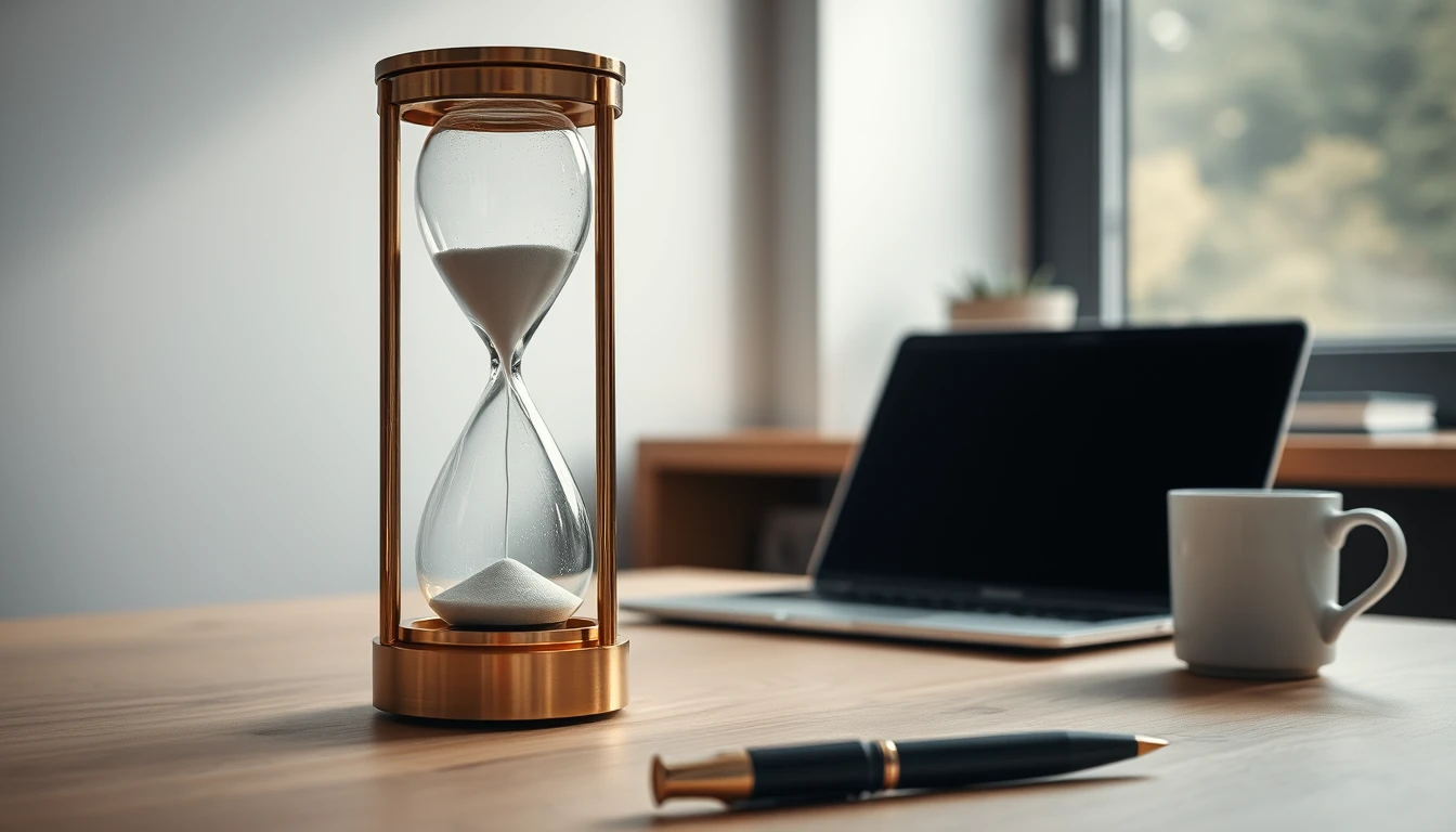 Photo of a brass hourglass on a desk beside a laptop, a white mug and a black fountain pen in soft window light