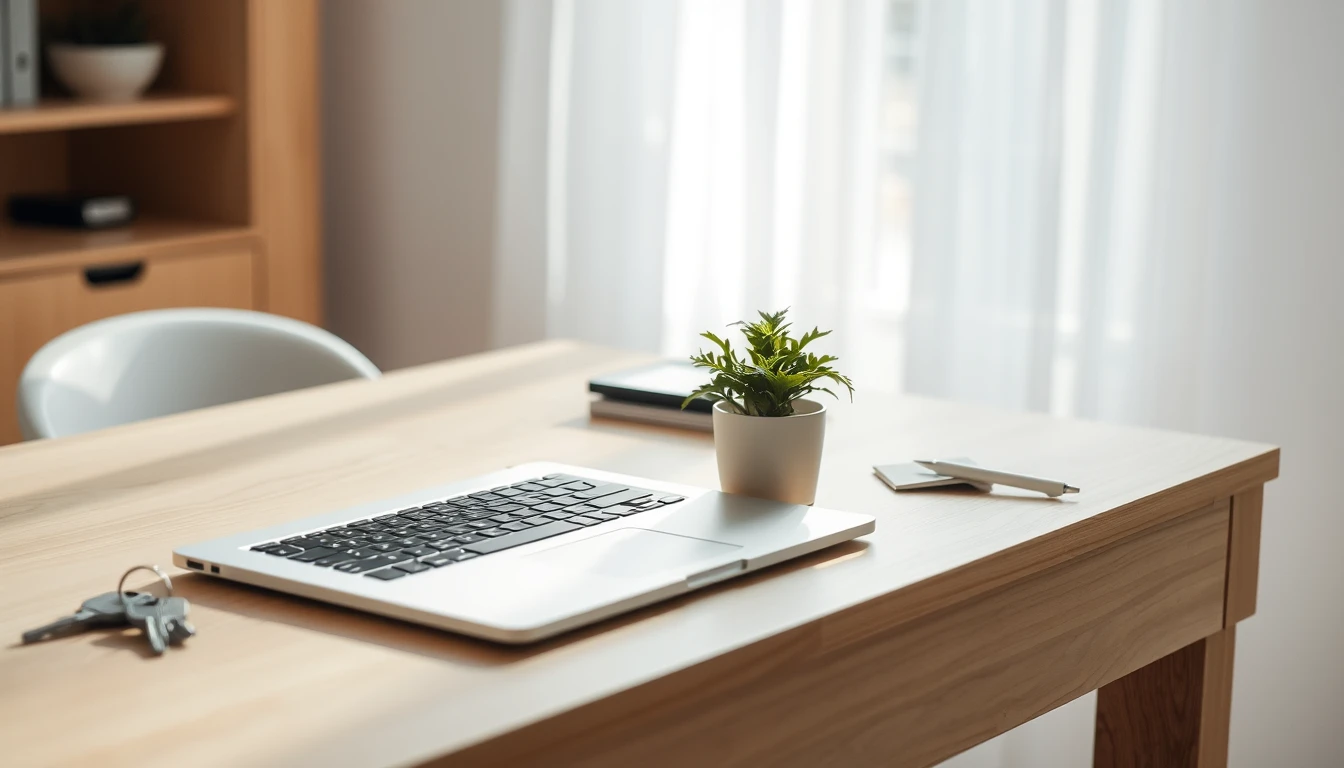 Photo of a new pale wooden desk with a silver laptop, a small potted plant and a set of keys in morning light, illustrating Corporation Tax registration for a new company