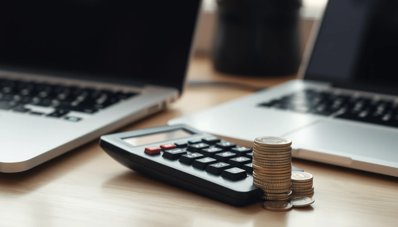 Photo of a calculator and a small stack of coins on a desk beside a laptop