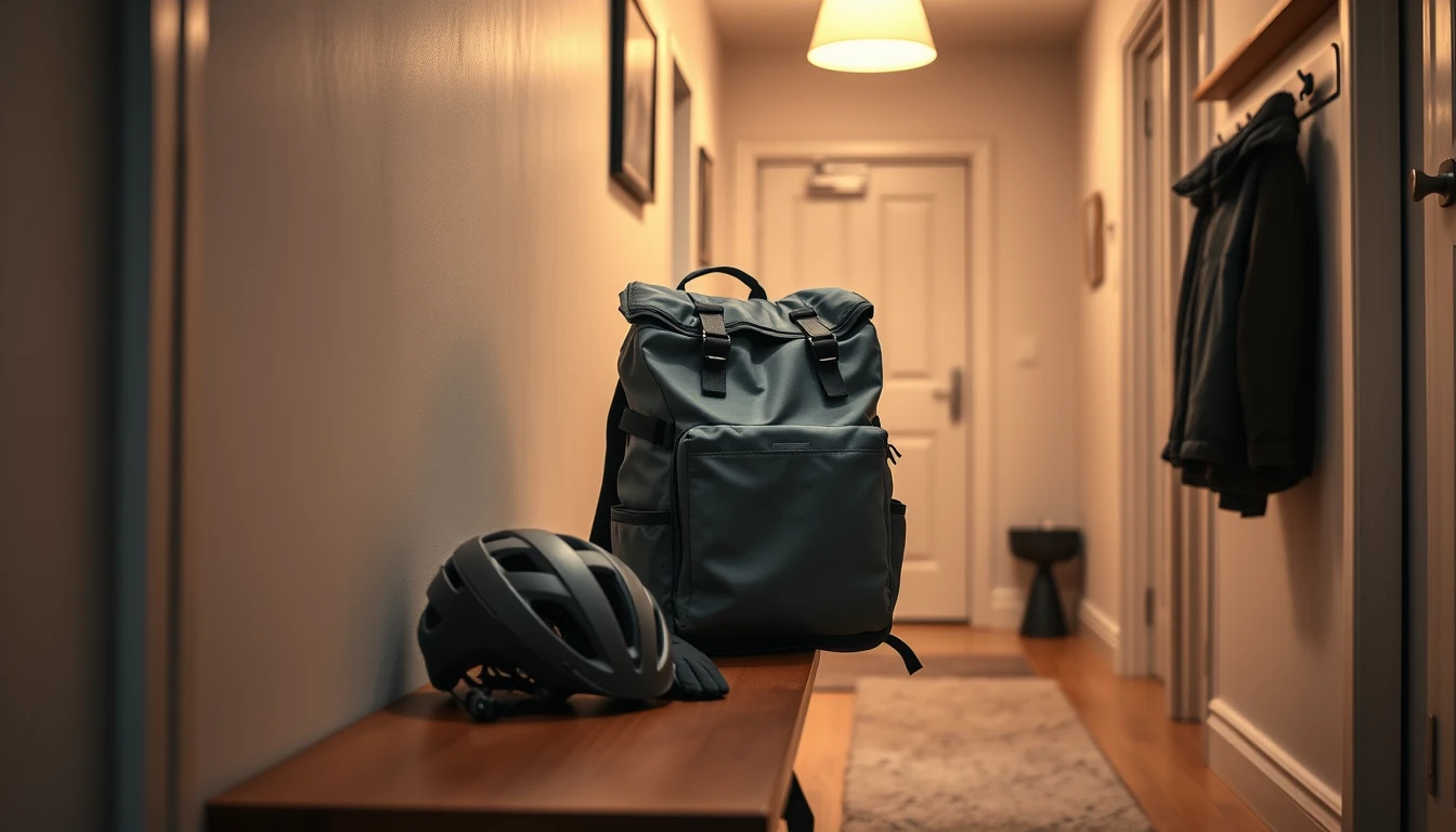 Photo of a grey insulated delivery backpack, cycling helmet and gloves on a wooden bench in a warmly lit hallway