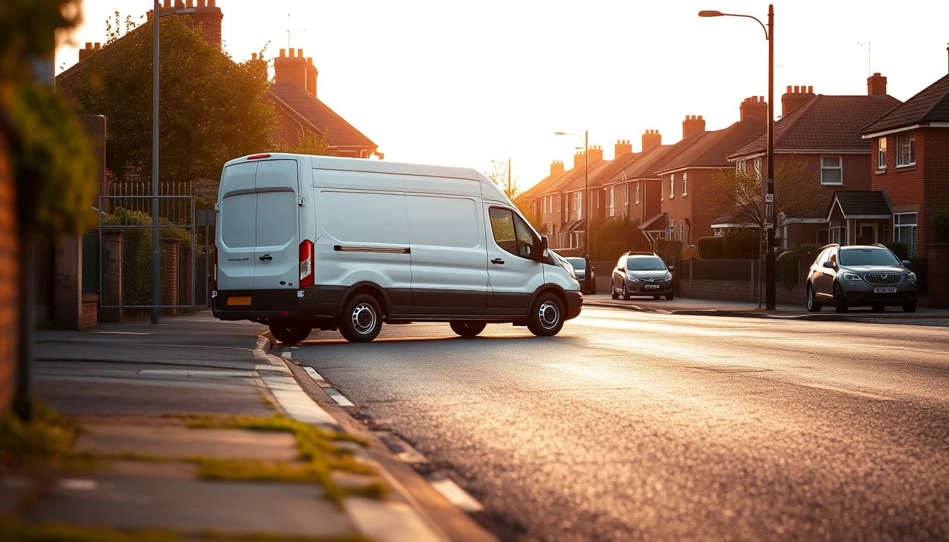 Photo of a white delivery van parked on a UK residential street at golden hour