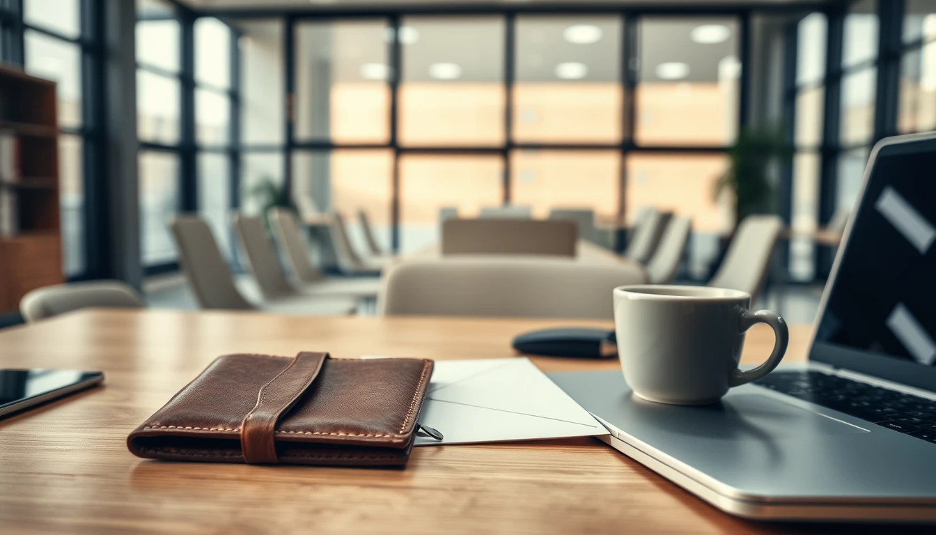 Photo of an office desk with a brown leather wallet, a white envelope, a coffee cup and a laptop, illustrating director expense claims and reimbursement