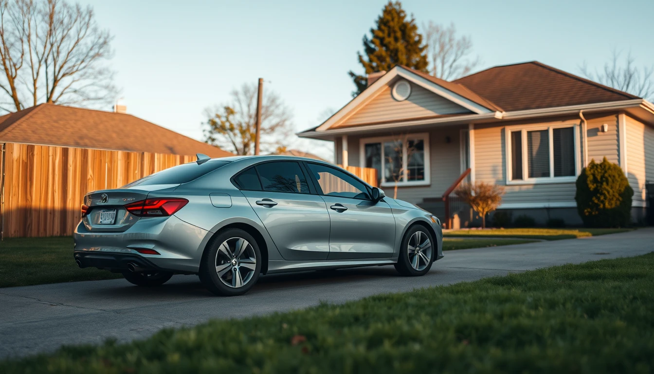 Photo of a car parked in a driveway beside a suburban house