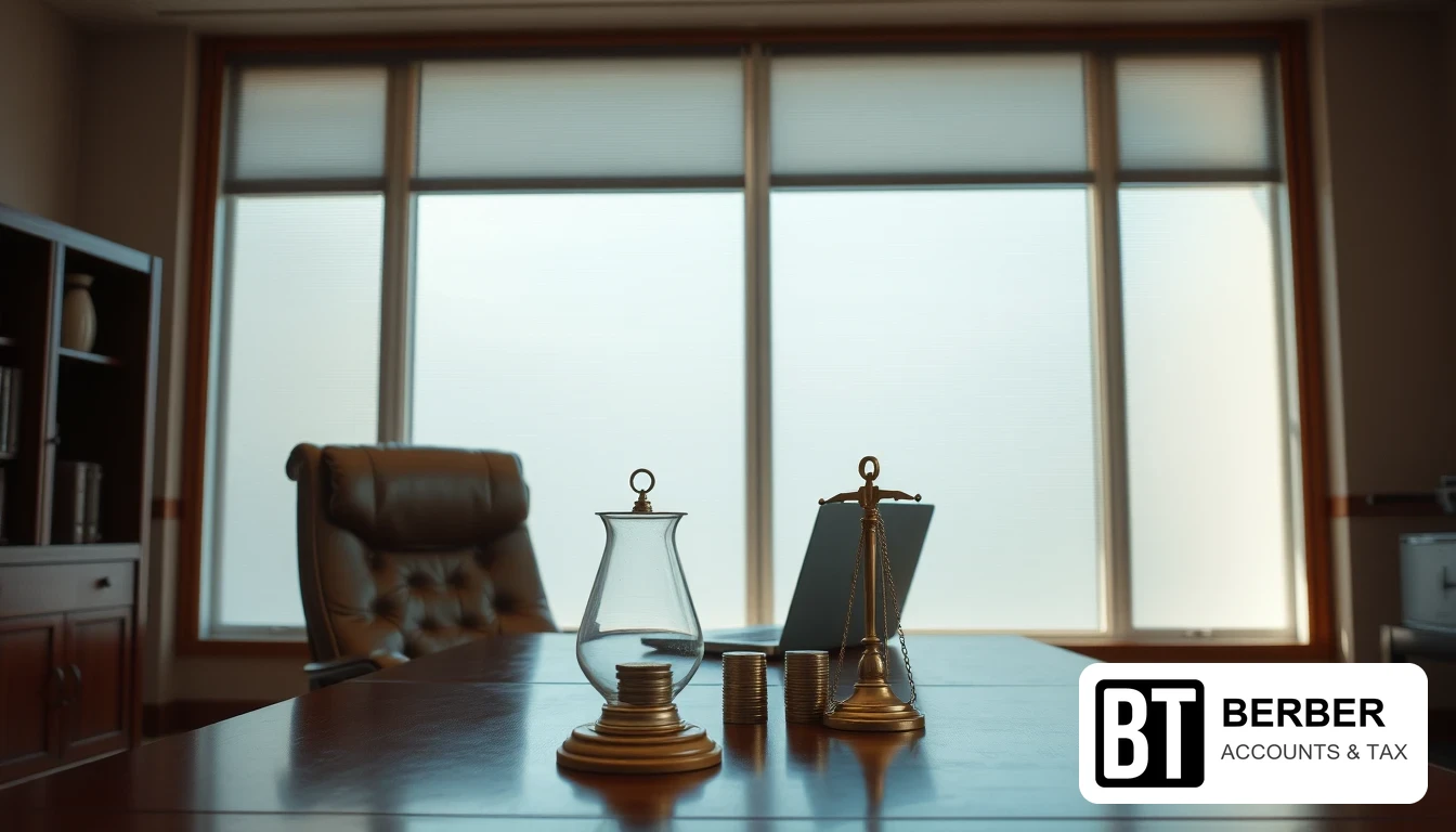 Photo of an empty office with a leather chair, a laptop, brass balance scales and stacks of coins on a mahogany desk, illustrating director National Insurance