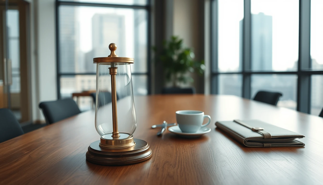 Photo of an empty meeting room with a walnut table, brass and glass ornament, coffee cup and leather folder by city windows