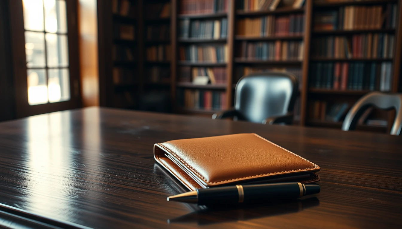 Photo of a closed brown leather wallet and a fountain pen on a polished dark wood desk in an empty study