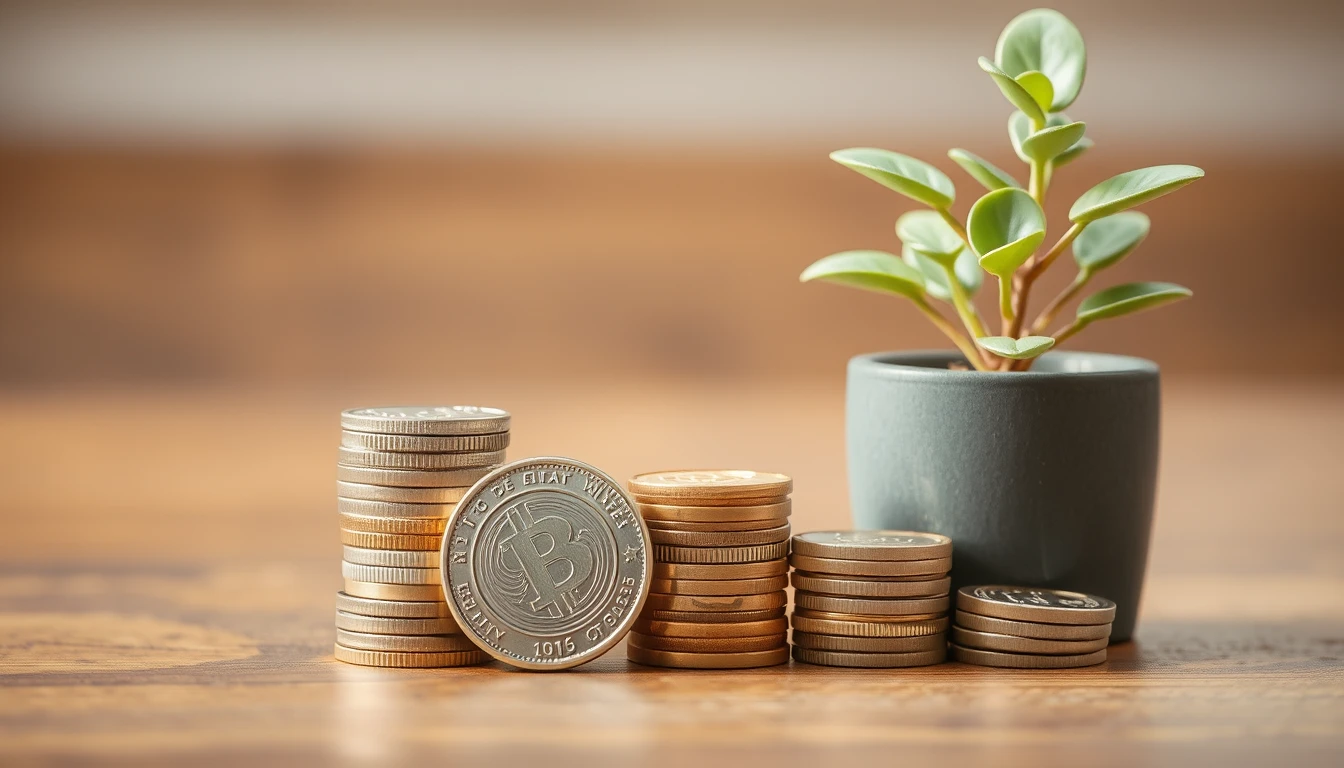 Photo of a neat stack of coins beside a small potted plant on a wooden table