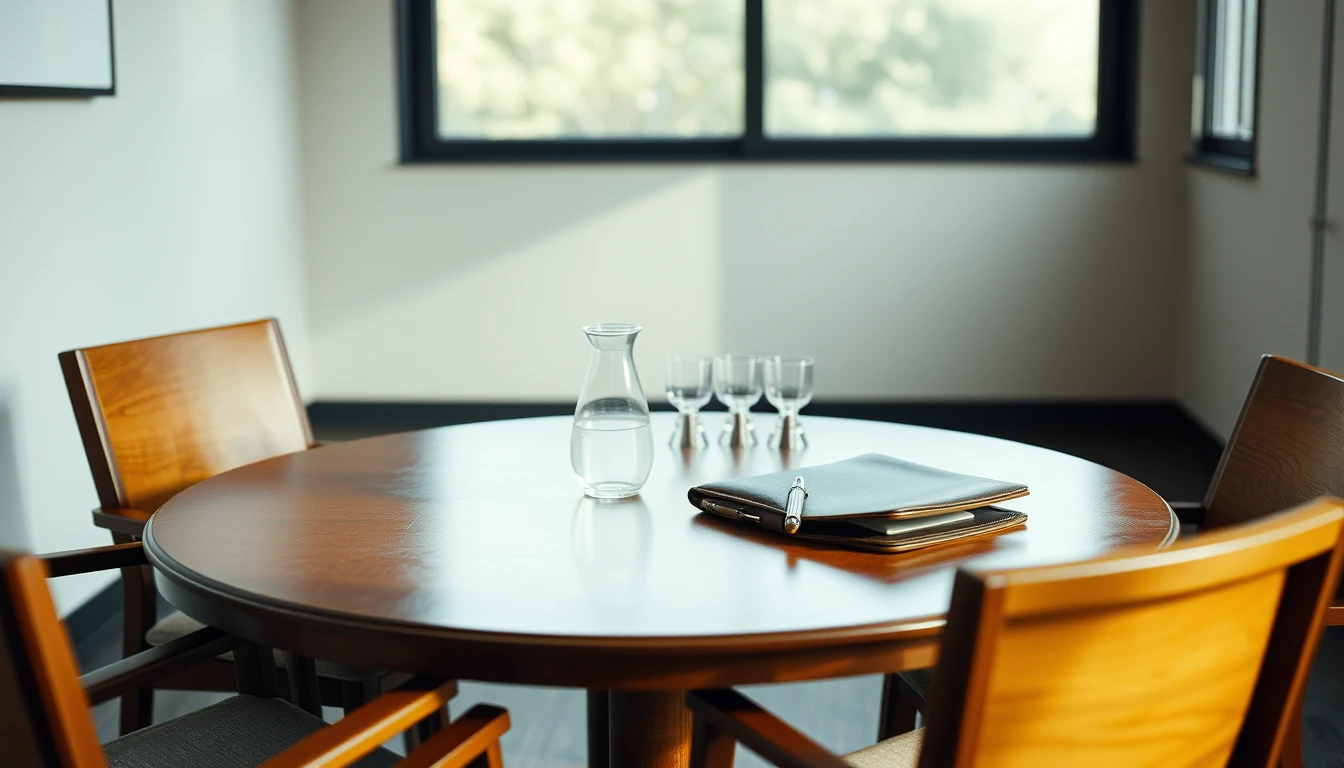 Photo of an empty meeting room with a round wooden table, chairs, a water carafe with glasses and a closed leather folder with a pen