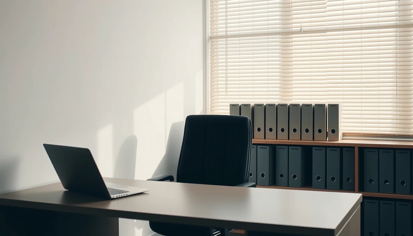 Photo of a quiet empty office with a desk, closed laptop, empty chair and rows of box files by a window with blinds