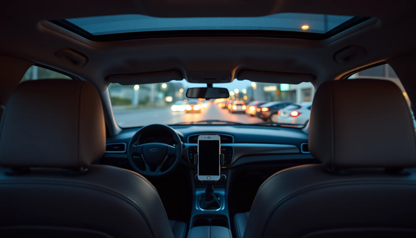 Photo from the back seat of an empty parked car at dusk with a phone in a dashboard mount, illustrating whether driver tips and bonuses are taxable