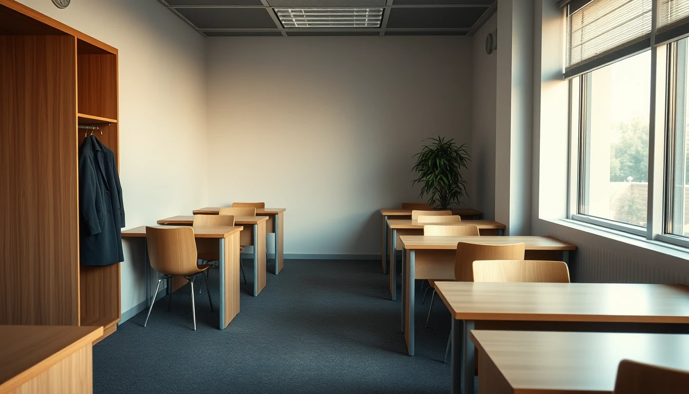 Photo of an empty small office with rows of wooden desks and chairs and a coat hanging on a stand in morning light