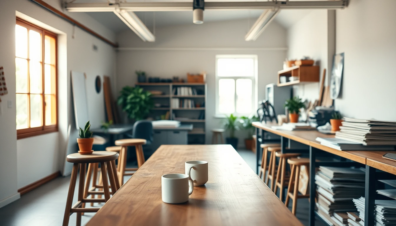 Photo of an empty bright workshop office with a long wooden table, two mugs, wooden stools and potted plants