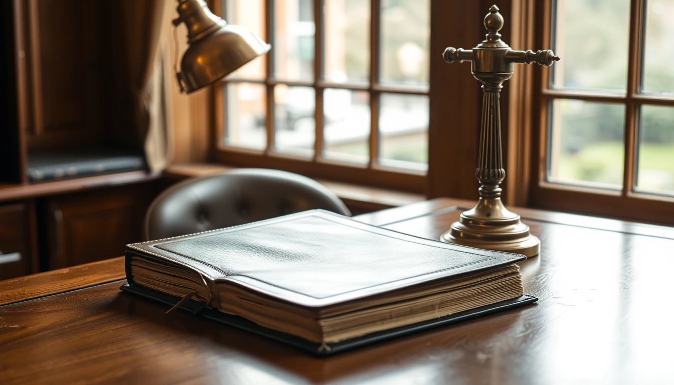 Photo of a closed leather-bound ledger and a brass desk lamp on a polished wooden office desk by a window