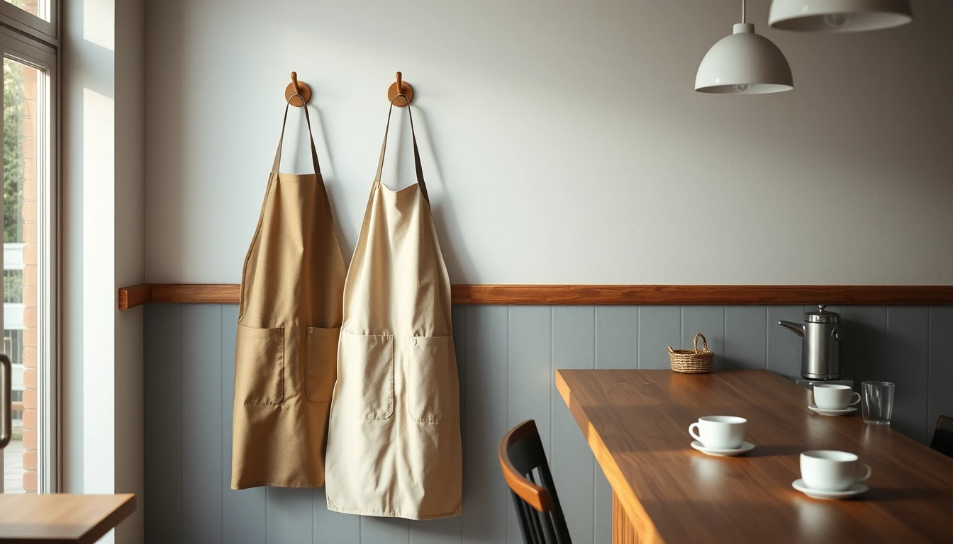 Photo of an empty café with two canvas aprons hanging on wooden hooks beside a wooden table set with cups